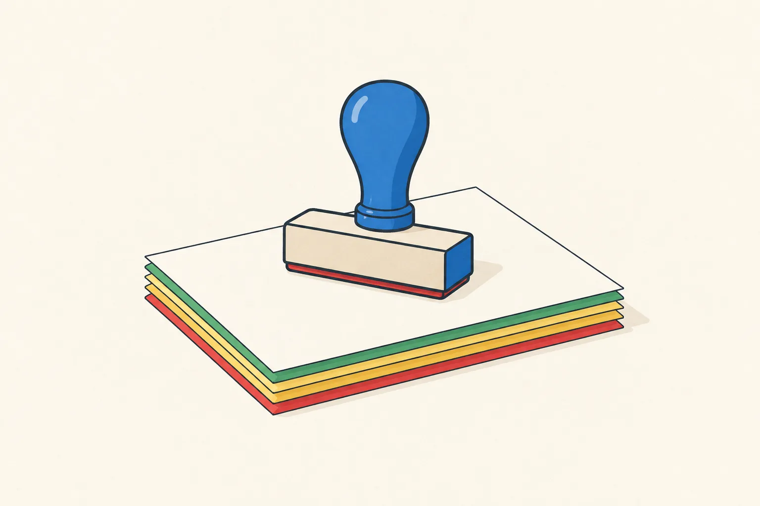 A blue rubber stamp resting on a stack of paper with green, yellow and red edges, drawn in charcoal ink lines on a warm white background.