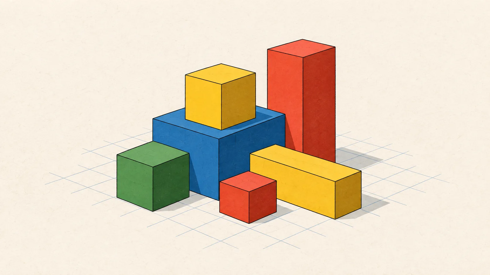 Colored building blocks resting on a faint blueprint grid, drawn in charcoal lines with blue, green, yellow and red accents on a warm white ground.