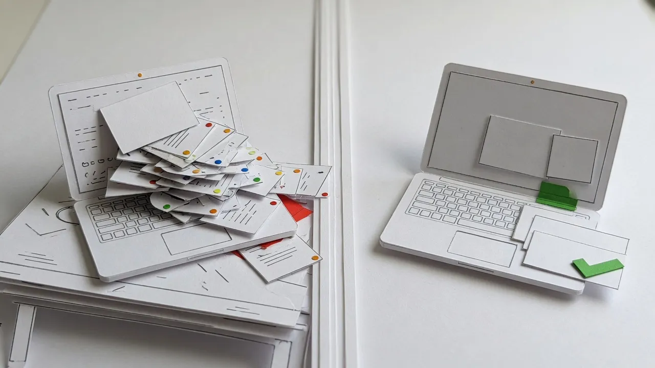 A paper diorama of a WordPress dashboard buried under a pile of plugin update notices, beside a clean, squared stack of static pages.