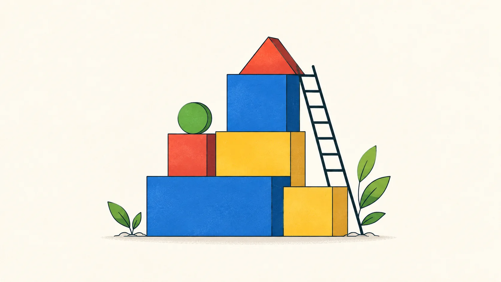 Stacked red, blue, yellow and green building blocks beside a ladder on a warm white background.