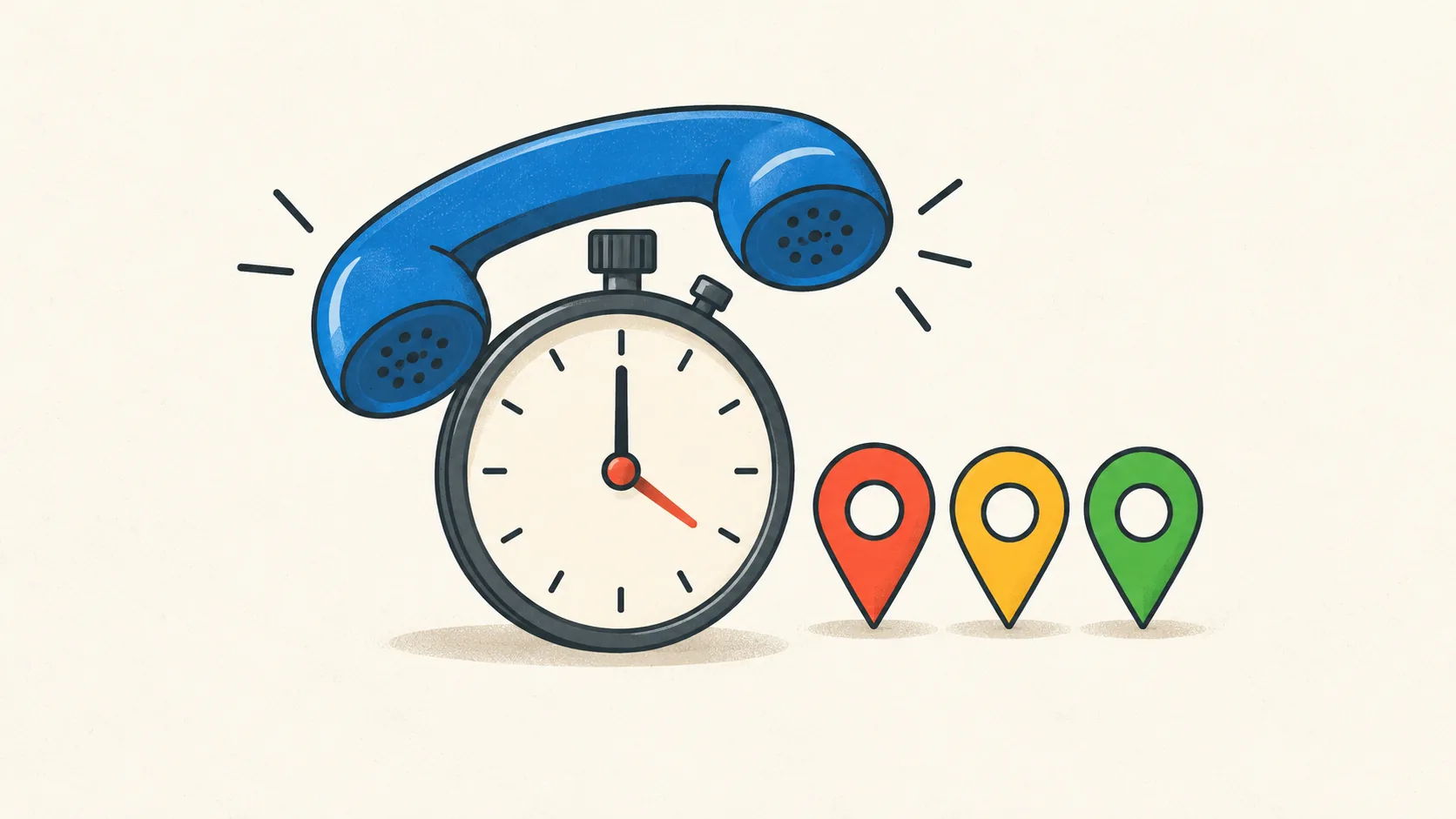 A telephone handset resting on a stopwatch beside a row of map pins, drawn in charcoal ink on a warm white background with blue, green, yellow and red accents.